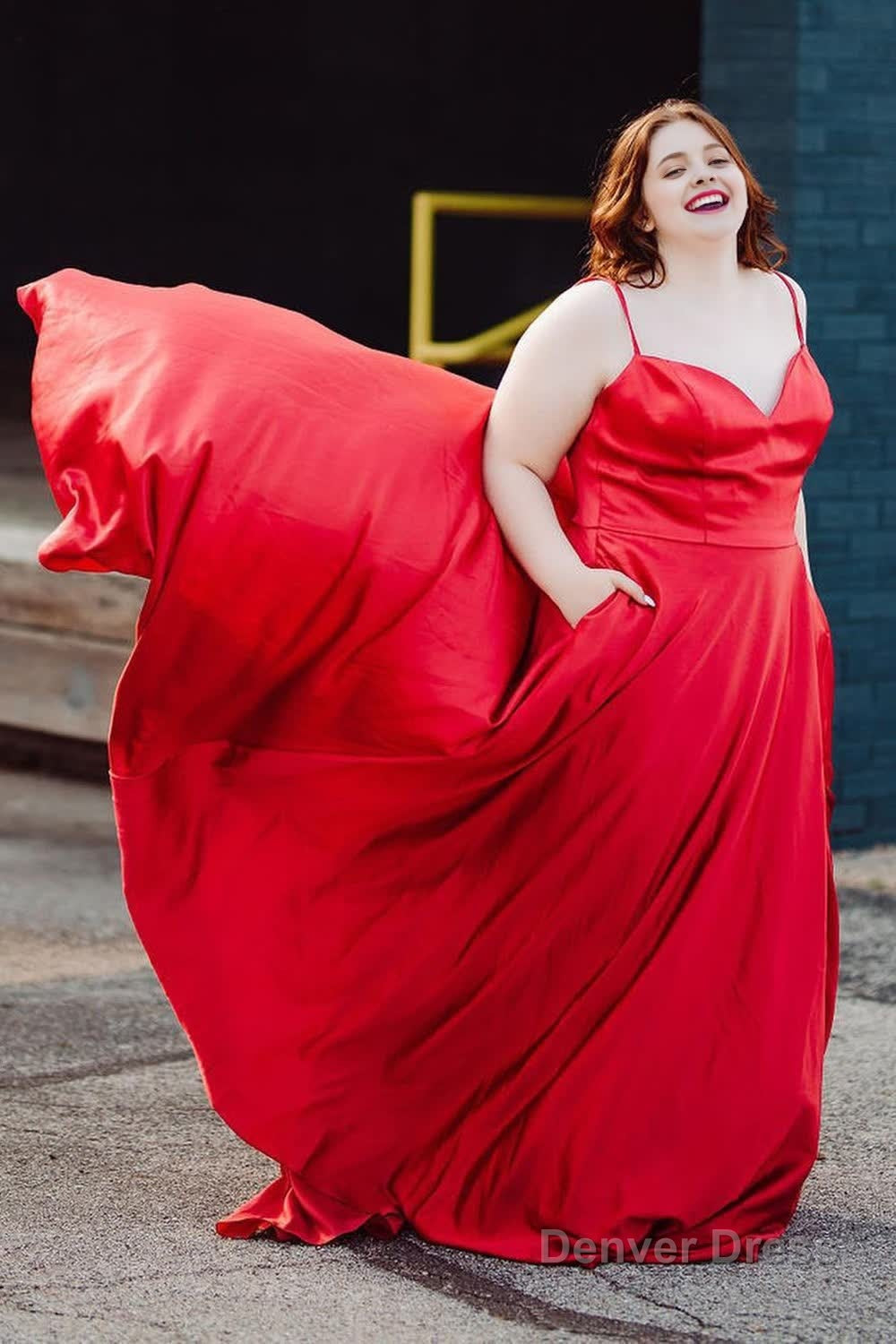 Plus Size Satin Spaghetti Straps Red Long Prom Dresses with Pockets