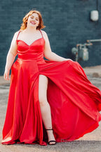 Plus Size Satin Spaghetti Straps Red Long Prom Dresses with Pockets