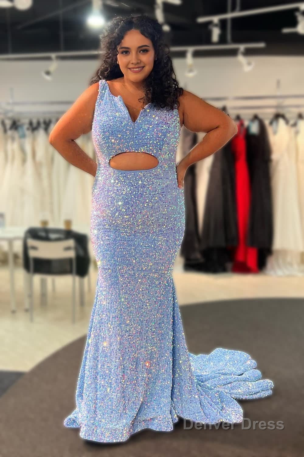 plus size sparkly mermaid light blue sequins long prom dress