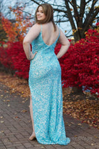 Plus Size Sparkly Sky Blue Sequins Long Prom Dresses with Slit