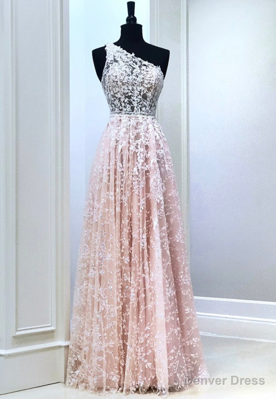 Pink Lace Long Prom Dress, One Shoulder Prom Dresses