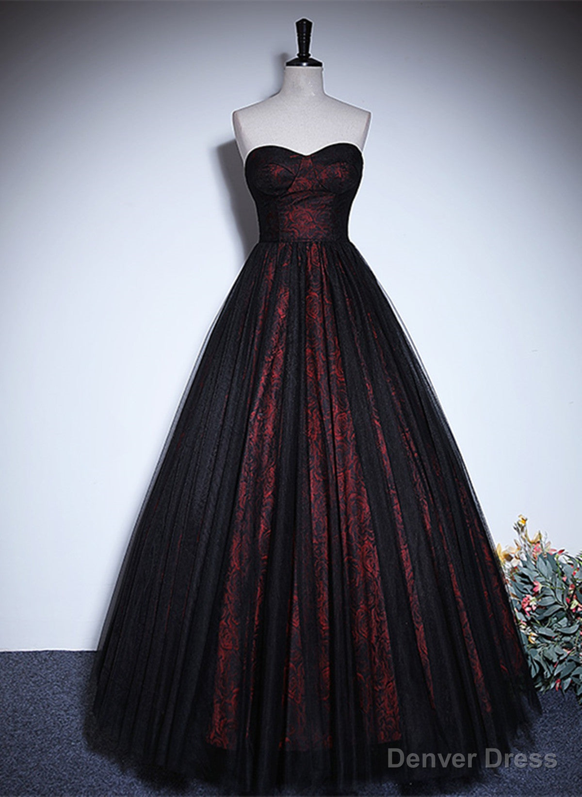 Pretty A Line Black and Red Lace Sweetheart Prom Dress, Black and Red Prom Dresses Secondary image