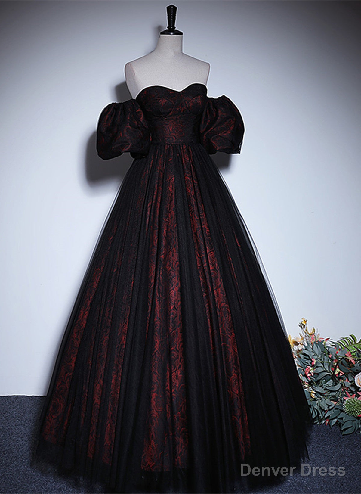 Pretty A Line Black and Red Lace Sweetheart Prom Dress, Black and Red Prom Dresses