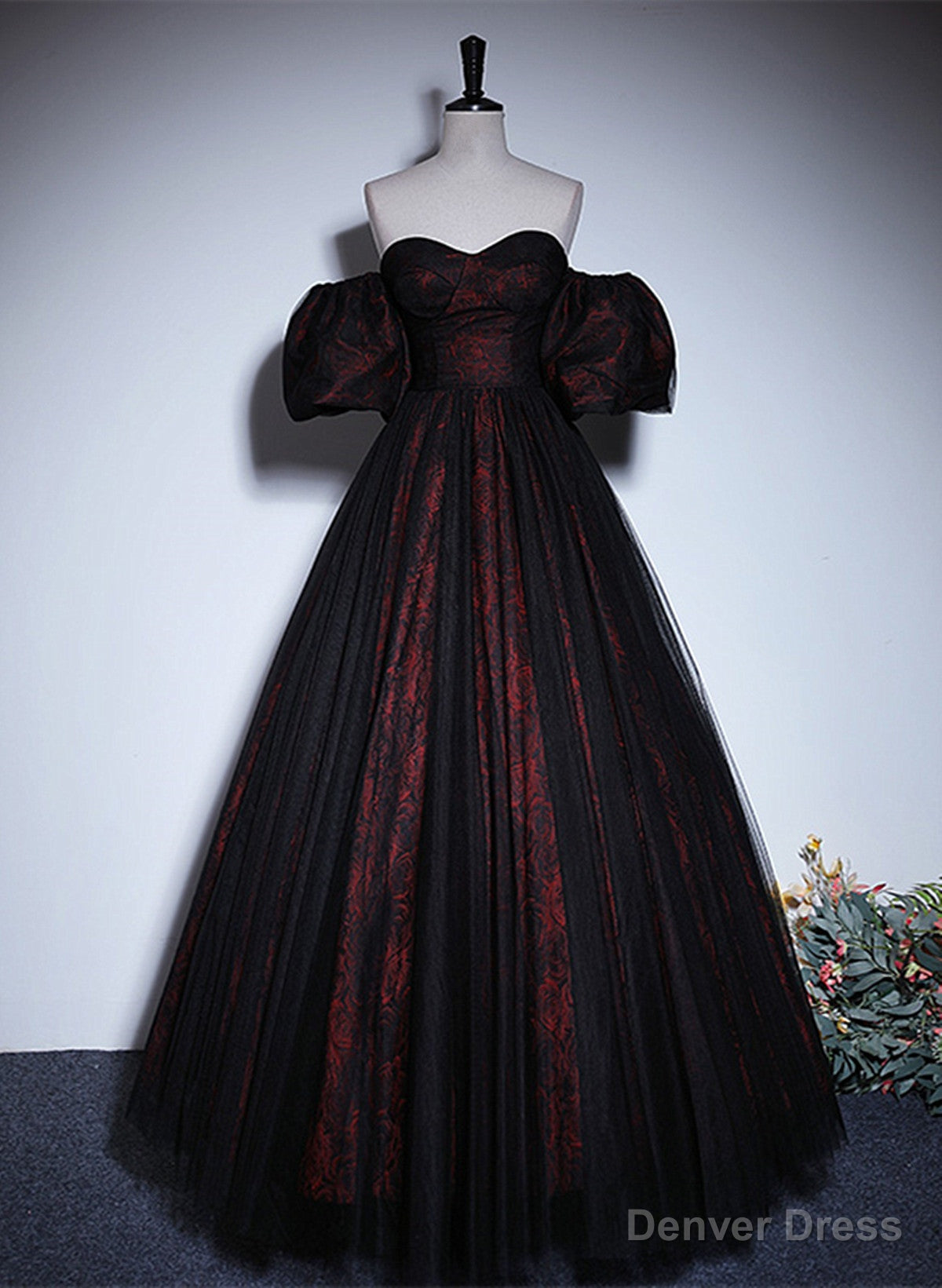Pretty A Line Black and Red Lace Sweetheart Prom Dress, Black and Red Prom Dresses Main image