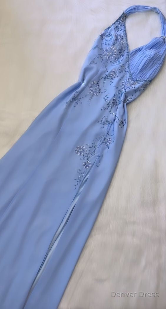 Pretty A Line Halter Blue Slit Chiffon Prom Dresses Long Evening Gowns Main image