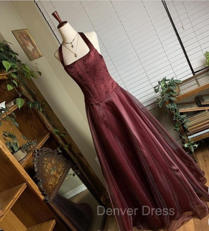 Pretty A Line Halter Burgundy Sleeveless Evening Dresses Organza Long Prom Dresses
