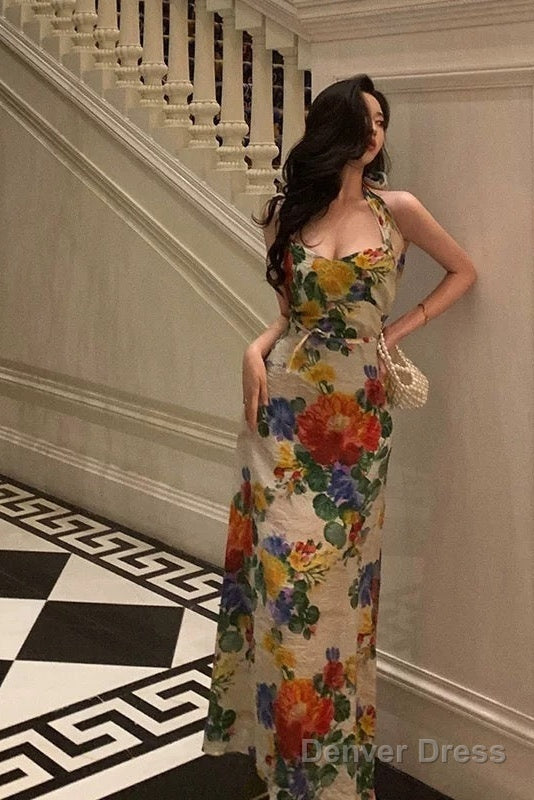 Pretty A Line Halter Floral Long Prom Dresses Birthday Outfits Evening Gown
