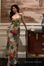 Pretty A Line Halter Floral Long Prom Dresses Birthday Outfits Prom Gowns