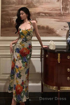 Pretty A Line Halter Floral Long Prom Dresses Birthday Outfits Evening Gown