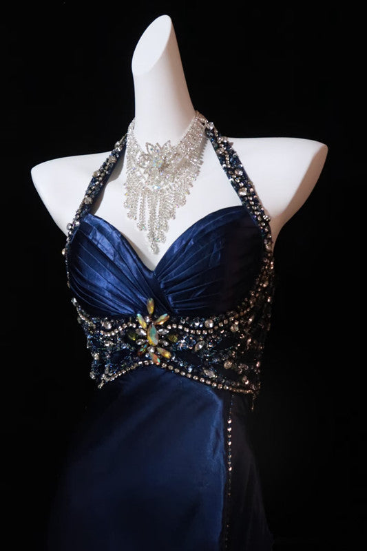 Pretty A Line Halter Sleeveless Navy Blue Slit Beads Long Prom Dress