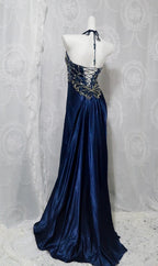Pretty A Line Halter Sleeveless Navy Blue Slit Beads Long Prom Dress