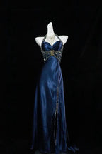 Pretty A Line Halter Sleeveless Navy Blue Slit Beads Long Prom Dress
