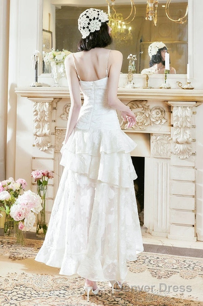 Pretty A Line High Low Ruffles Long Evening Dress Lace White Prom Dresses Secondary image