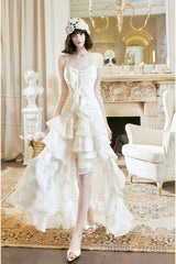 Pretty A Line High Low Ruffles Long Evening Dress Lace White Prom Dresses