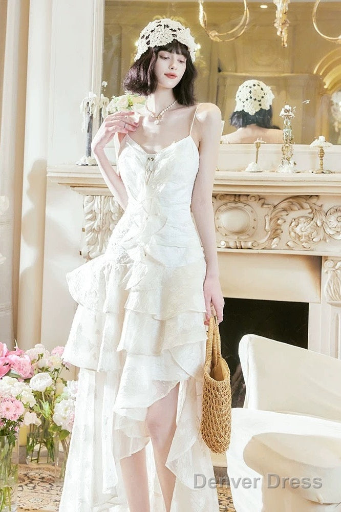 Pretty A Line High Low Ruffles Long Evening Dress Lace White Prom Dresses