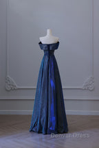 Pretty A Line Off The Shoulder Blue Sequin Long Prom Dresses Evening Gowns