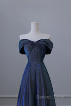 Pretty A Line Off The Shoulder Blue Sequin Long Prom Dresses Evening Gowns