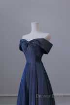 Pretty A Line Off The Shoulder Blue Sequin Long Prom Dresses Evening Gowns
