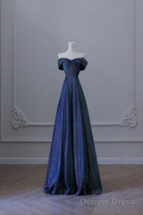 Pretty A Line Off The Shoulder Blue Sequin Long Prom Dresses Evening Gowns
