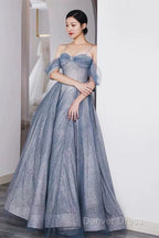 Pretty A Line Off The Shoulder Blue Sequin Tulle Long Length Evening Dresses Prom Dresses