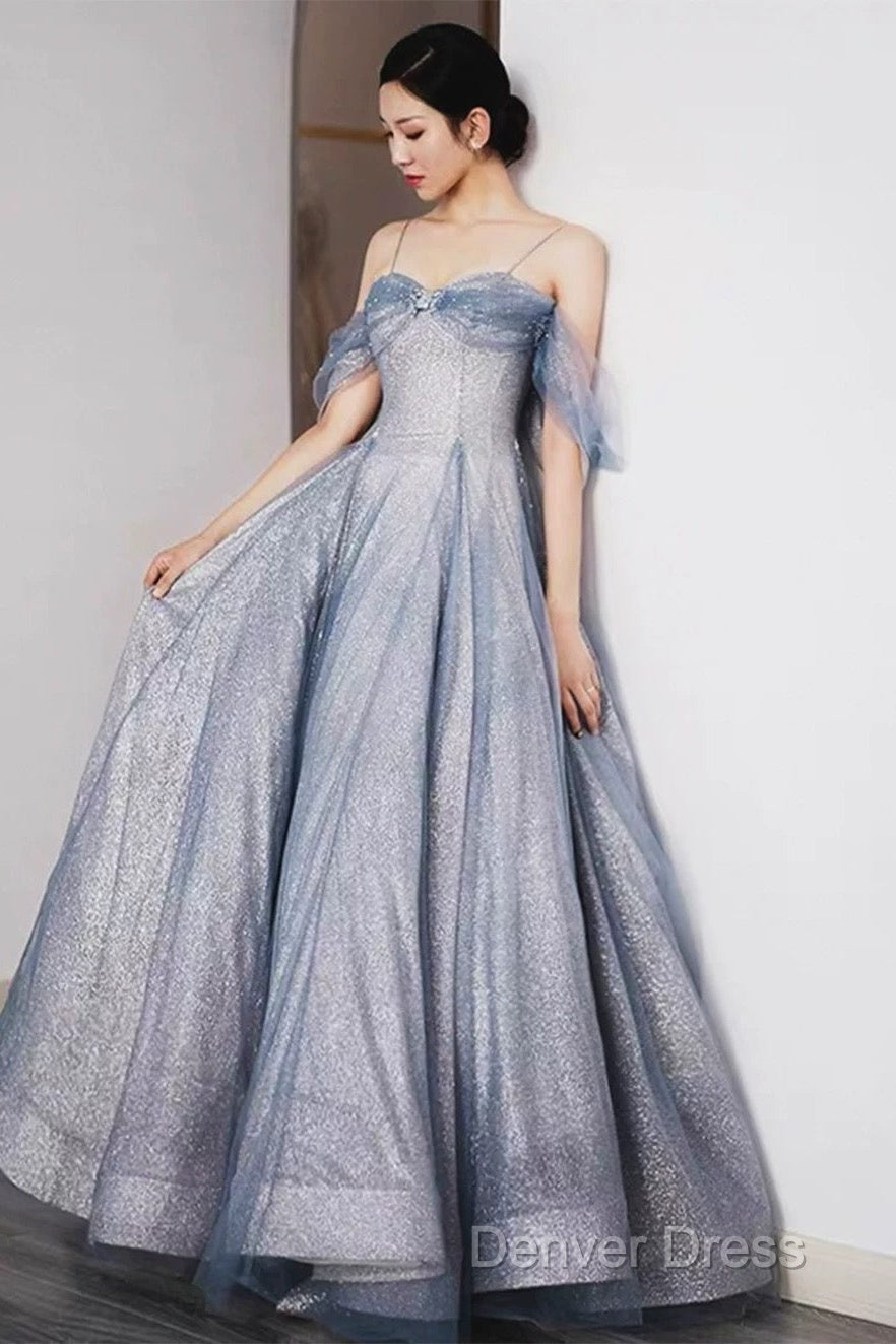 Pretty A Line Off The Shoulder Blue Sequin Tulle Long Length Evening Dresses Prom Dresses