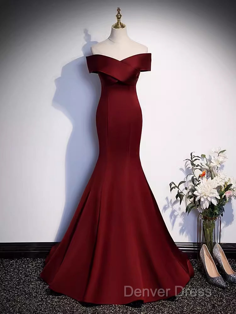 Pretty A Line Off The Shoulder Burgundy Satin Long Evening Party Dresses Prom Dresses With Bow Secondary image