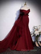 Pretty A Line Off The Shoulder Burgundy Satin Long Evening Party Dresses Prom Dresses With Bow