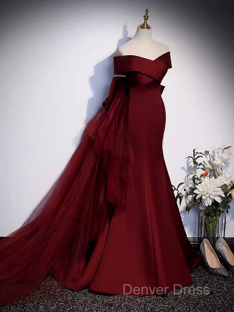 Pretty A Line Off The Shoulder Burgundy Satin Long Evening Party Dresses Prom Dresses With Bow