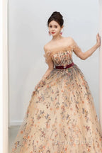 Pretty A Line Off The Shoulder Long Sleeves Floral Tulle Long Length Evening Dresses Prom Dresses