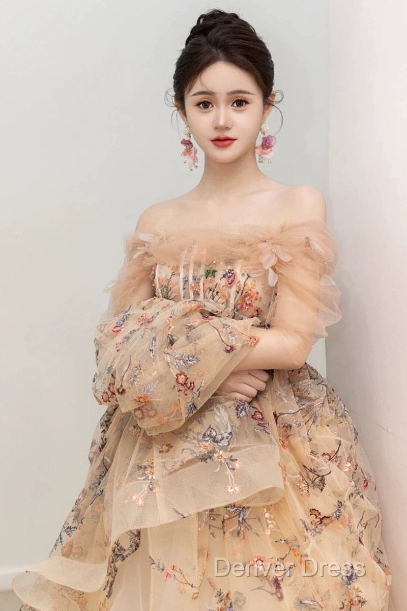 Pretty A Line Off The Shoulder Long Sleeves Floral Tulle Long Length Evening Dresses Prom Dresses