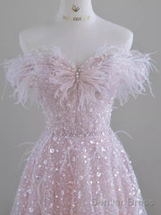 Pretty A Line Off The Shoulder Pink Sequin Long Evening Party Dress Prom Dresses