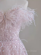 Pretty A Line Off The Shoulder Pink Sequin Long Evening Party Dresses Prom Dresses