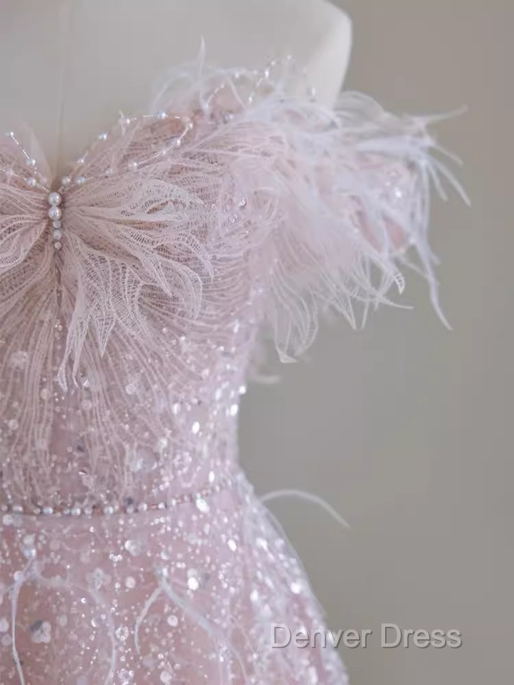 Pretty A Line Off The Shoulder Pink Sequin Long Evening Party Dresses Prom Dresses