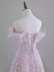 Pretty A Line Off The Shoulder Pink Sequin Long Evening Party Dress Prom Dresses
