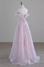 Pretty A Line Off The Shoulder Pink Sequin Long Evening Party Dresses Prom Dresses