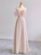 Pretty A Line Off The Shoulder Pink Sequin Long Evening Party Dresses Prom Dresses With Beads