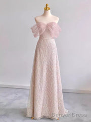 Pretty A Line Off The Shoulder Pink Sequin Long Evening Party Dress Prom Dresses With Beads