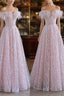 Pretty A Line Off The Shoulder Pink Sequin Long Evening Party Dresses Prom Dresses