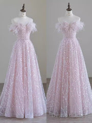 Pretty A Line Off The Shoulder Pink Sequin Long Evening Party Dress Prom Dresses