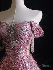 Pretty A Line Off The Shoulder Pink Sequin Long Prom Dresses Evening Gowns