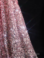 Pretty A Line Off The Shoulder Pink Sequin Long Prom Dresses Evening Gowns