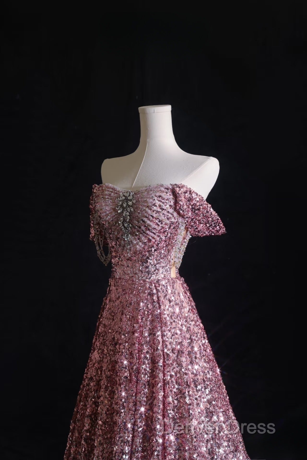 Pretty A Line Off The Shoulder Pink Sequin Long Prom Dresses Evening Gowns