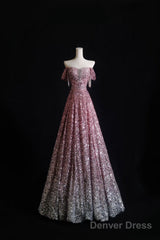 Pretty A Line Off The Shoulder Pink Sequin Long Prom Dresses Evening Gowns