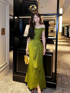 Pretty A line Off The Shoulder Satin Green Long Prom Dresses Satin Evening Gowns