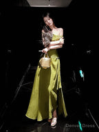 Pretty A Line Off The Shoulder Satin Green Long Prom Dresses Satin Prom Gown