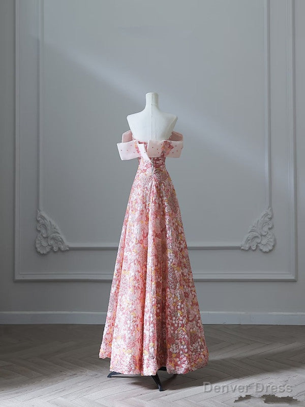 Pretty A Line Off The Shoulder Sequin Pink Floor Length Evening Dress Prom Dresses