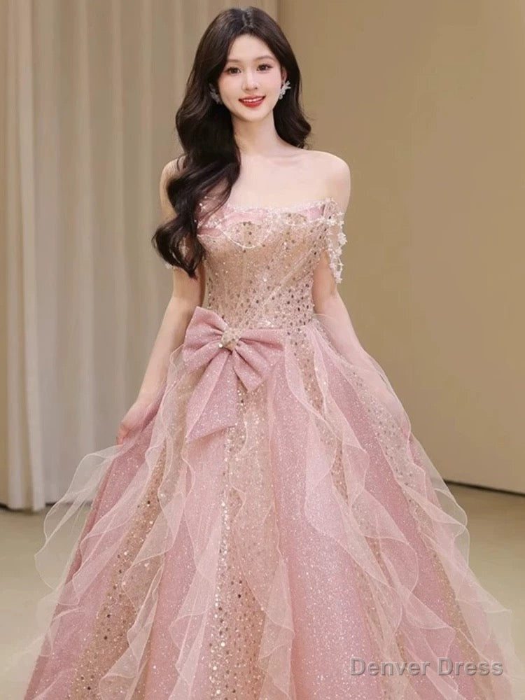 Pretty A Line Off The Shoulder Tulle Pink Floor Length Prom Dress Secondary image