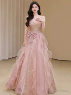 Pretty A Line Off The Shoulder Tulle Pink Floor Length Prom Dress
