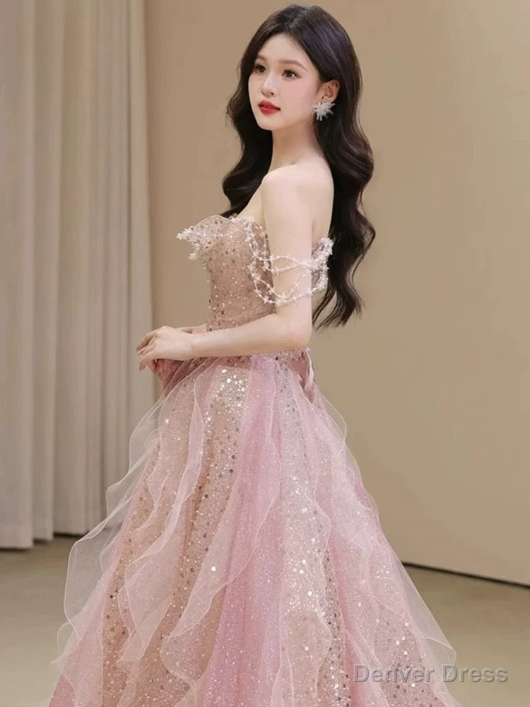 Pretty A Line Off The Shoulder Tulle Pink Floor Length Prom Dress