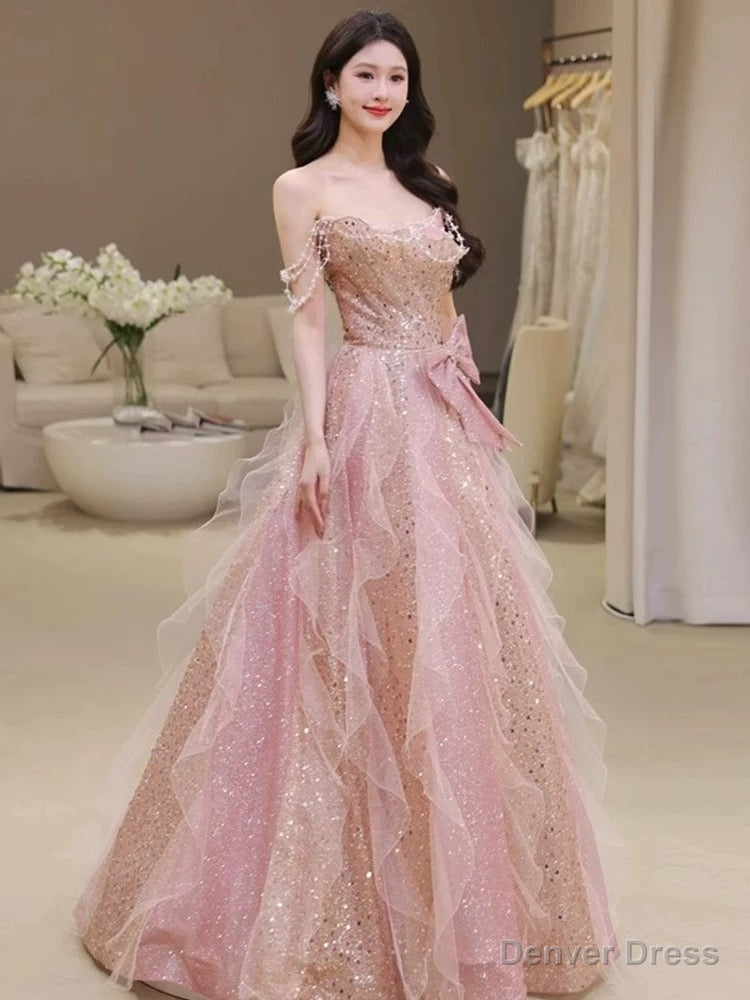 Pretty A Line Off The Shoulder Tulle Pink Floor Length Prom Dress